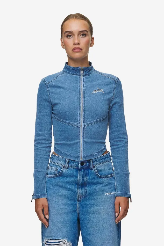 Women Pegador Tops Elly Denim Biker Jacket Washed Blue