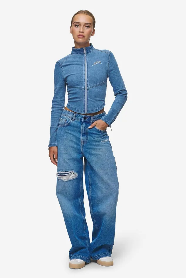 Women Pegador Tops Elly Denim Biker Jacket Washed Blue Women Pegador Tops Elly Denim Biker Jacket Washed Blue