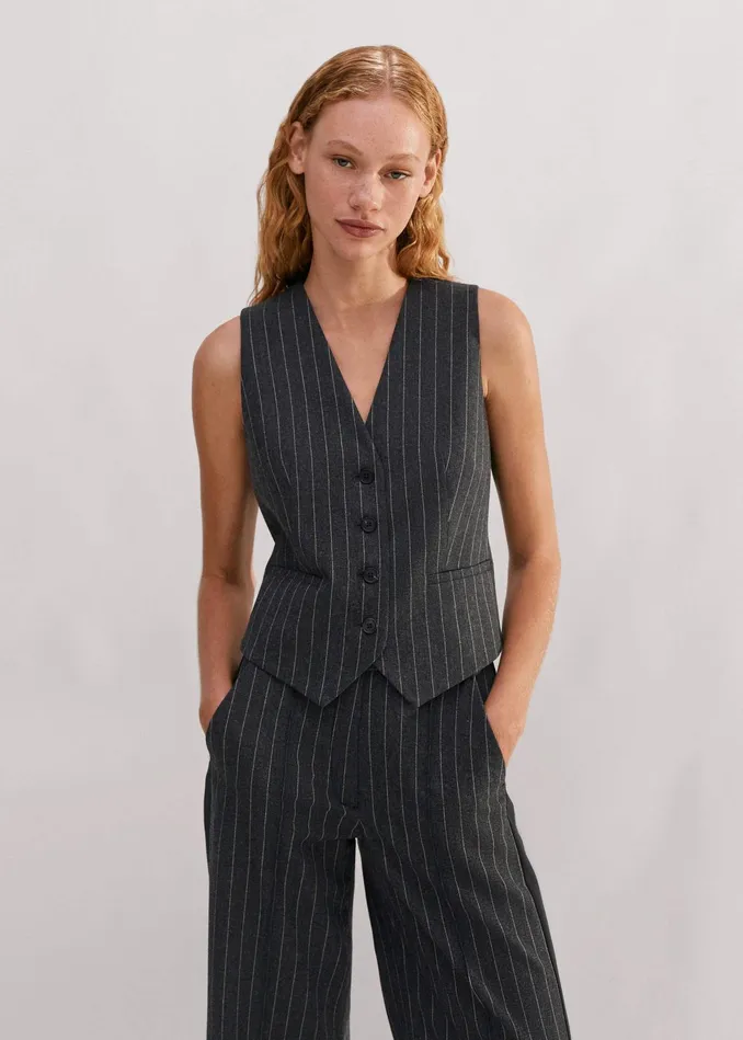 Women Pinstripe Tailored Vest Camelcharcoal MEEM