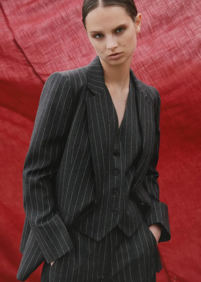 Women Pinstripe Tailored Vest Camelcharcoal MEEM