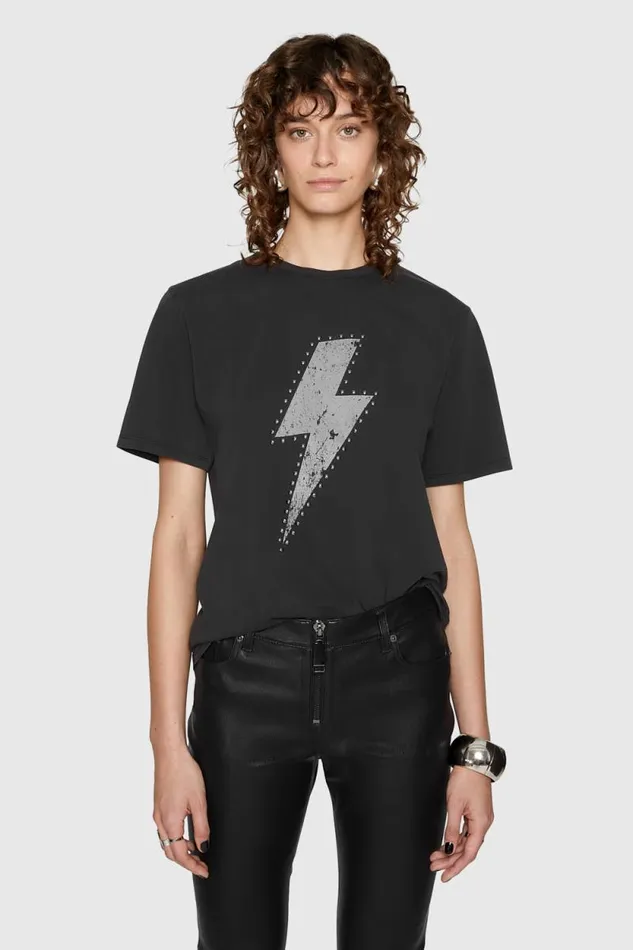 Women Rebecca Minkoff Tops Carly Boyfriend TShirt Acid Wash Black