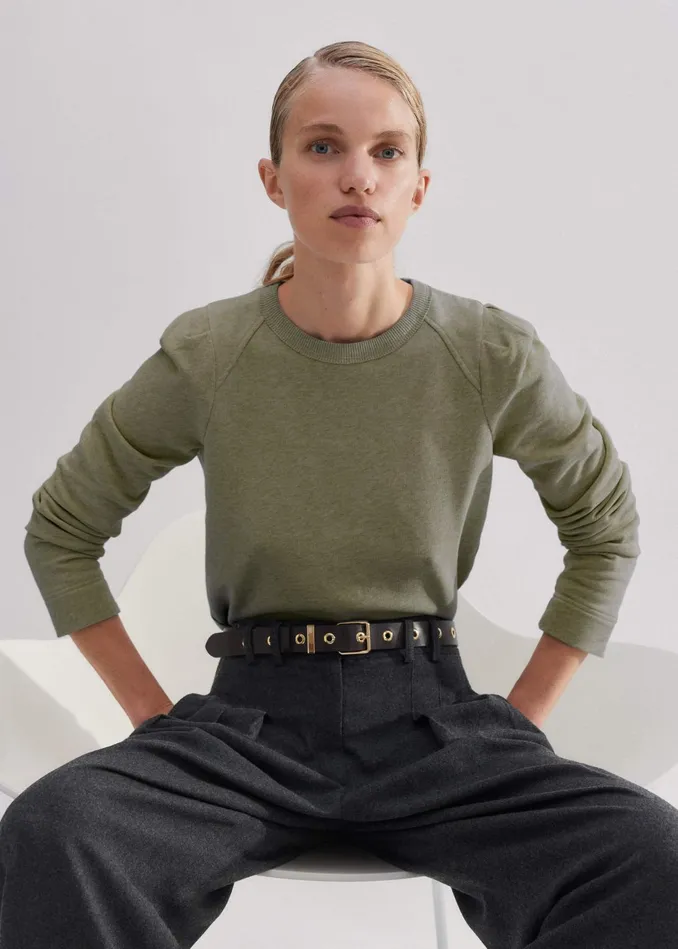 Women Rib Trim Feminine Sweatshirt Bright Olive MEEM