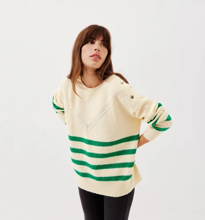Women Ribbed Oversized Jumper 8211 Green Stripes Promod Jumpers And Cardigans