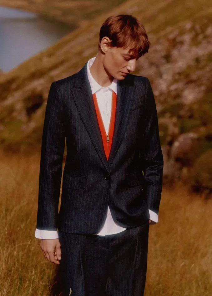 Women Sharp Shoulder Pinstripe Boyfriend Blazer Navybitter Orange MEEM