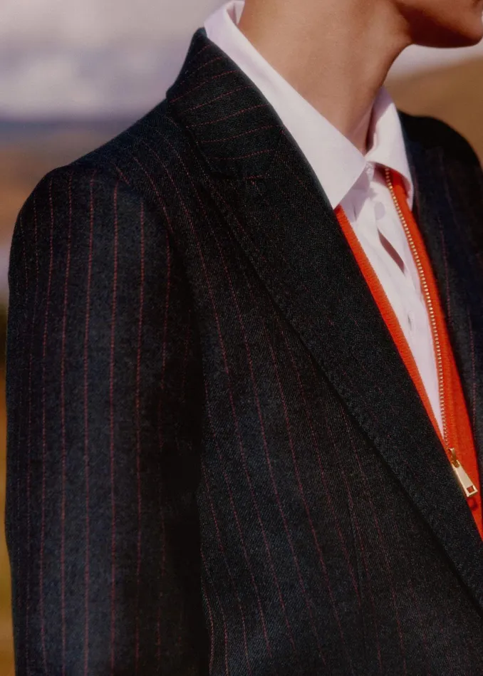 Women Sharp Shoulder Pinstripe Boyfriend Blazer Navybitter Orange MEEM