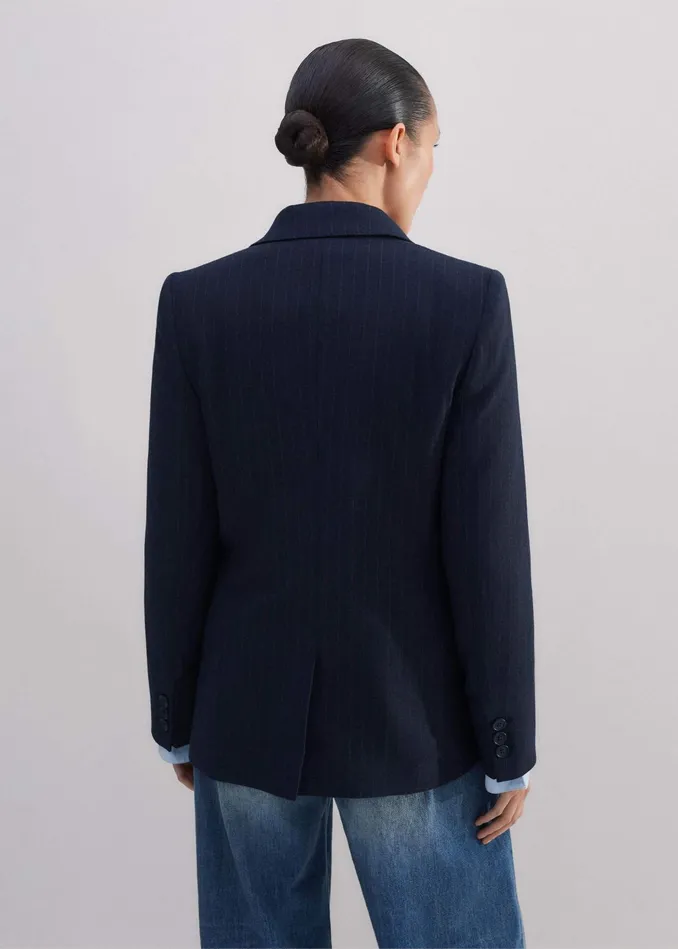 Women Sharp Shoulder Pinstripe Boyfriend Blazer Navybitter Orange MEEM