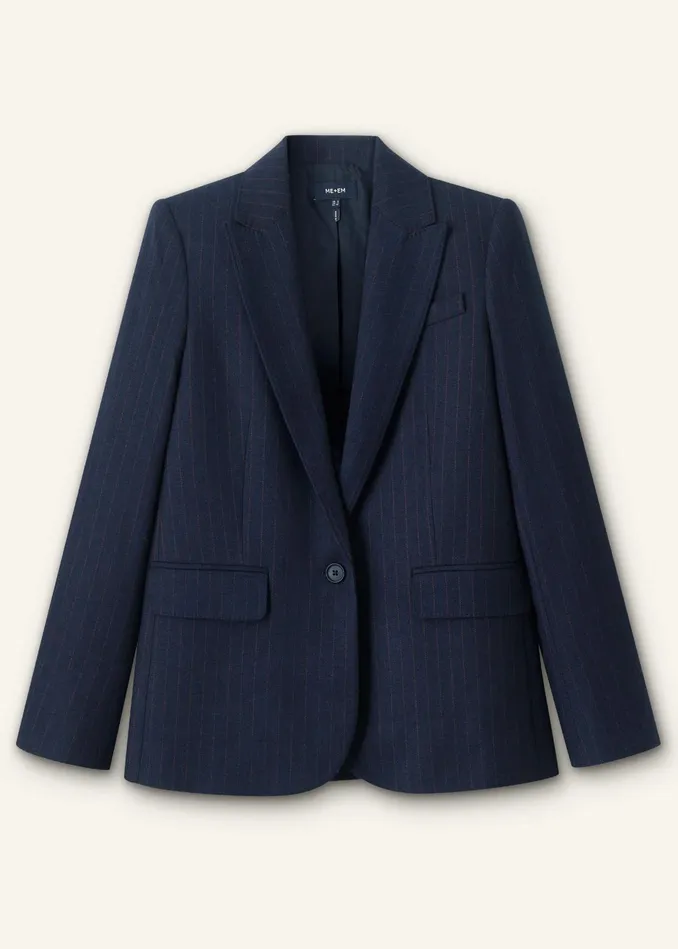 Women Sharp Shoulder Pinstripe Boyfriend Blazer Navybitter Orange MEEM