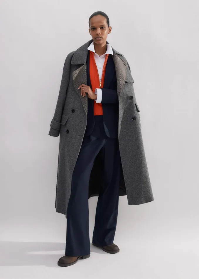 Women Sharp Shoulder Pinstripe Boyfriend Blazer Navybitter Orange MEEM