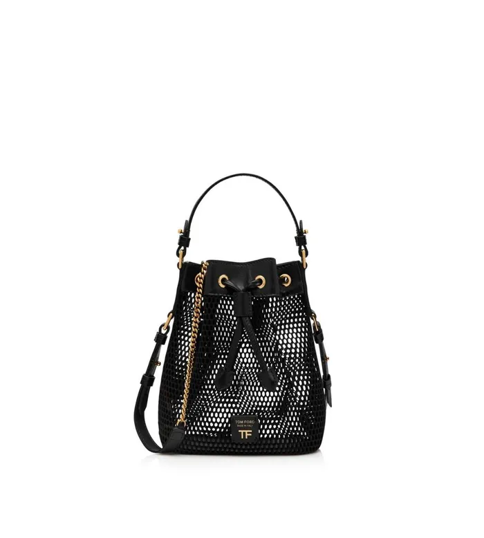 Women Shoulder Bags Tom Ford Mesh And Leather Disco Small Bucket On Chain Black