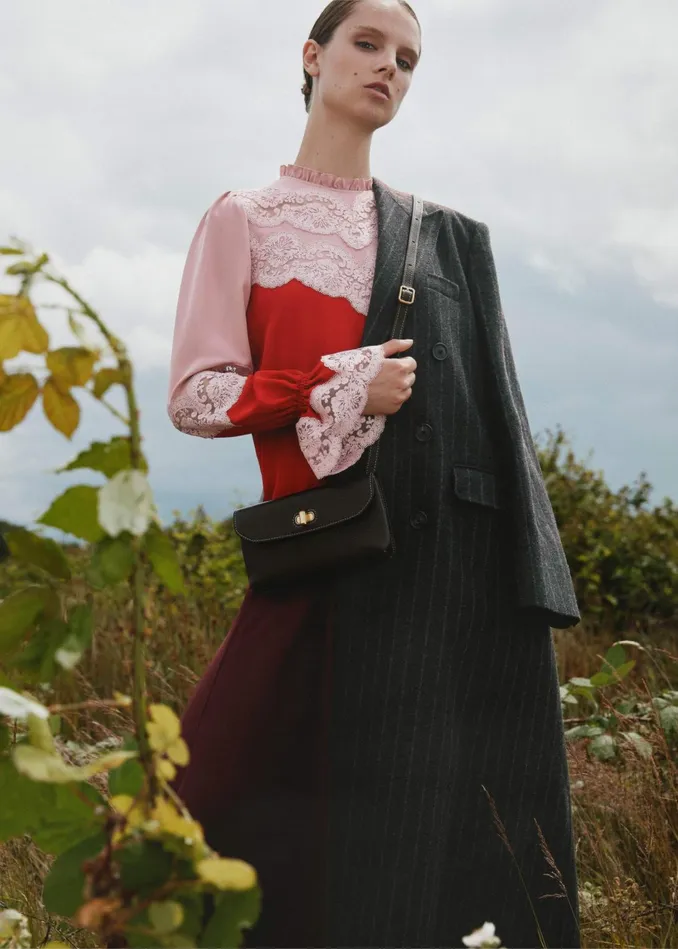 Women Silk Color Block Lace Maxi Dress Belt Smoke Pinkbitter Orangerum Raisin MEEM