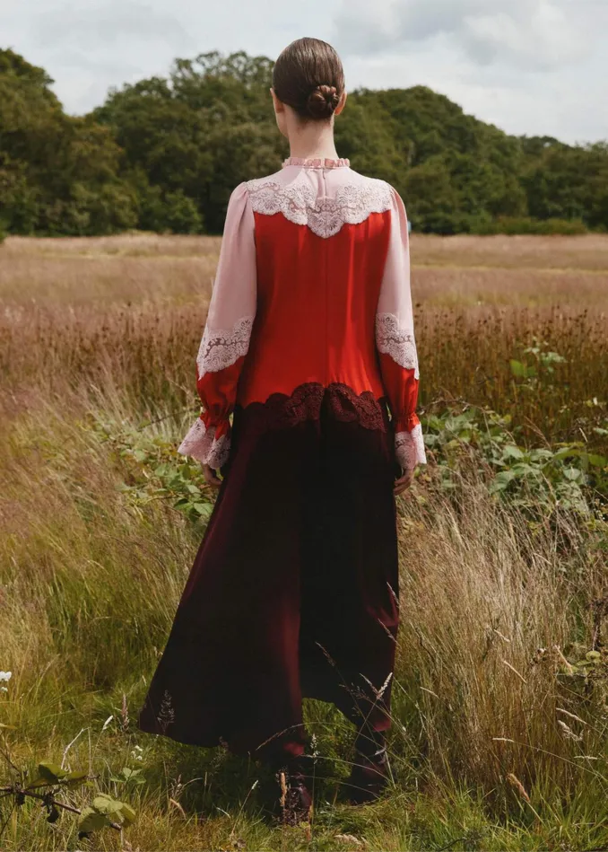 Women Silk Color Block Lace Maxi Dress Belt Smoke Pinkbitter Orangerum Raisin MEEM