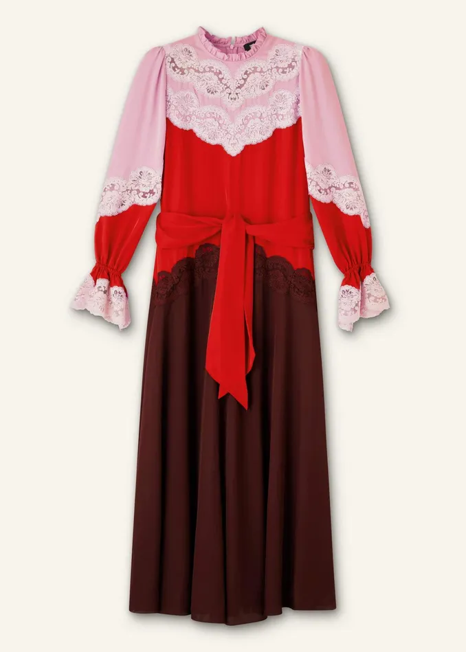 Women Silk Color Block Lace Maxi Dress Belt Smoke Pinkbitter Orangerum Raisin MEEM
