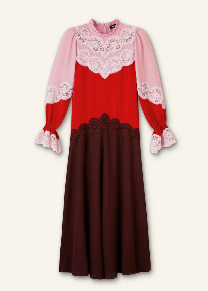 Women Silk Color Block Lace Maxi Dress Belt Smoke Pinkbitter Orangerum Raisin MEEM