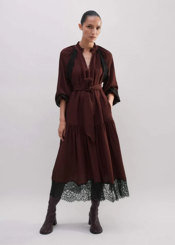 Women Silk Lace Midi Dress Belt Rum Raisin MEEM