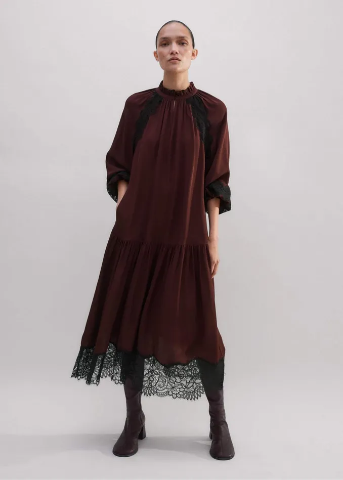 Women Silk Lace Midi Dress Belt Rum Raisin MEEM