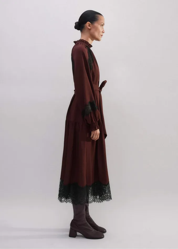 Women Silk Lace Midi Dress Belt Rum Raisin MEEM