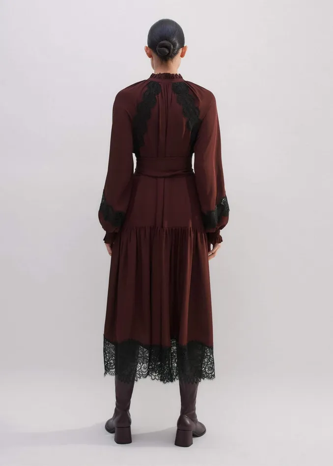 Women Silk Lace Midi Dress Belt Rum Raisin MEEM