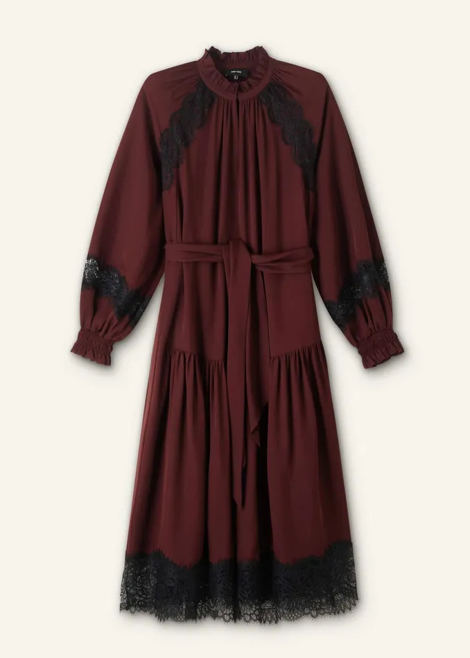 Women Silk Lace Midi Dress Belt Rum Raisin MEEM