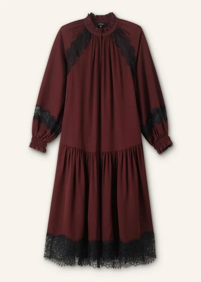 Women Silk Lace Midi Dress Belt Rum Raisin MEEM