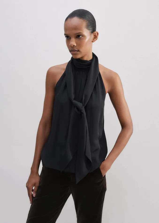 Women Silk Pussybow Halterneck Top Black MEEM