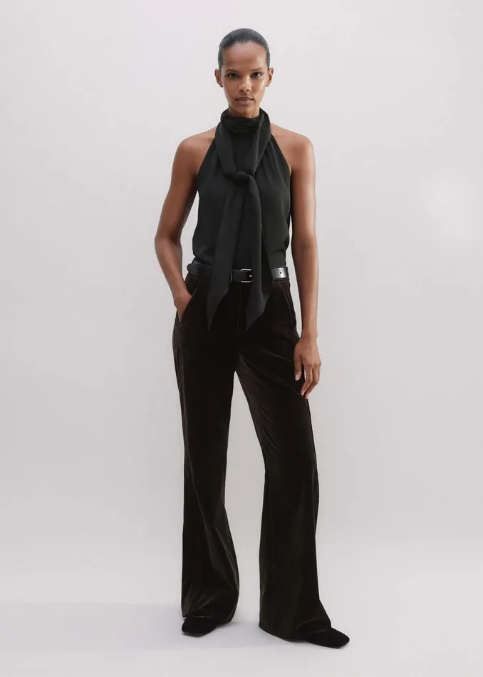 Women Silk Pussybow Halterneck Top Black MEEM