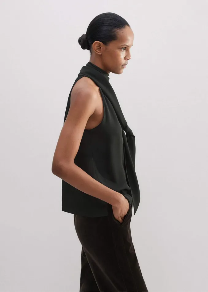 Women Silk Pussybow Halterneck Top Black MEEM