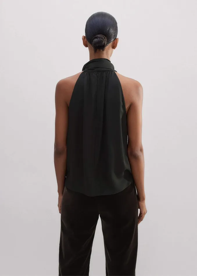 Women Silk Pussybow Halterneck Top Black MEEM