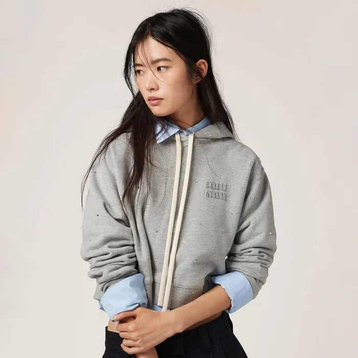 Women TShirts And Sweatshirts Miu Miu Cotton Fleece Hoodie Grey Women TShirts And Sweatshirts Miu Miu Cotton Fleece Hoodie Grey