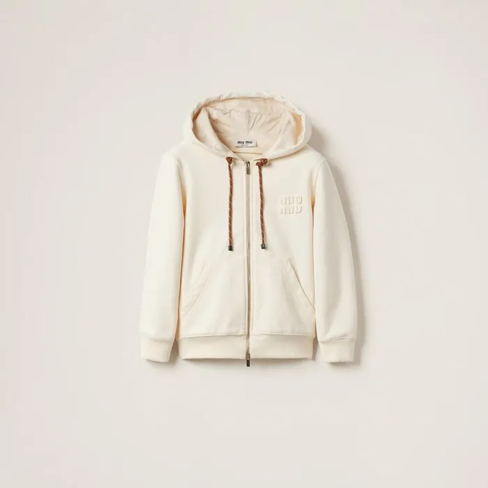 Women TShirts And Sweatshirts Miu Miu Cotton Fleece Zipper Jacket Natural