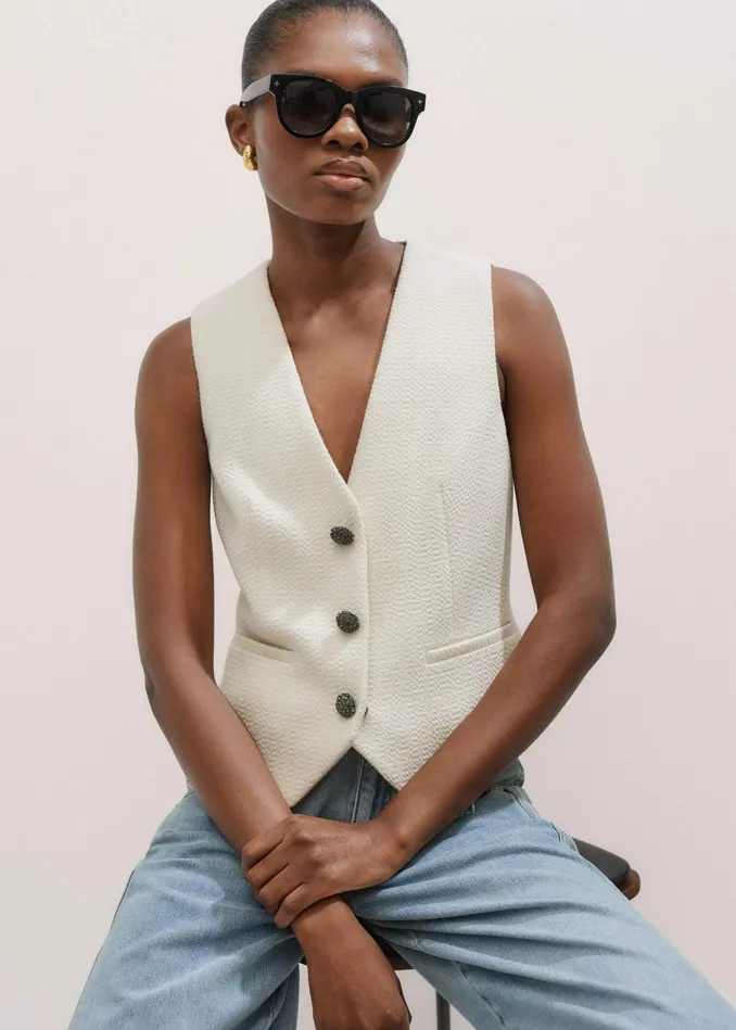 Women Textured Tailored Tux Vest Ivory MEEM