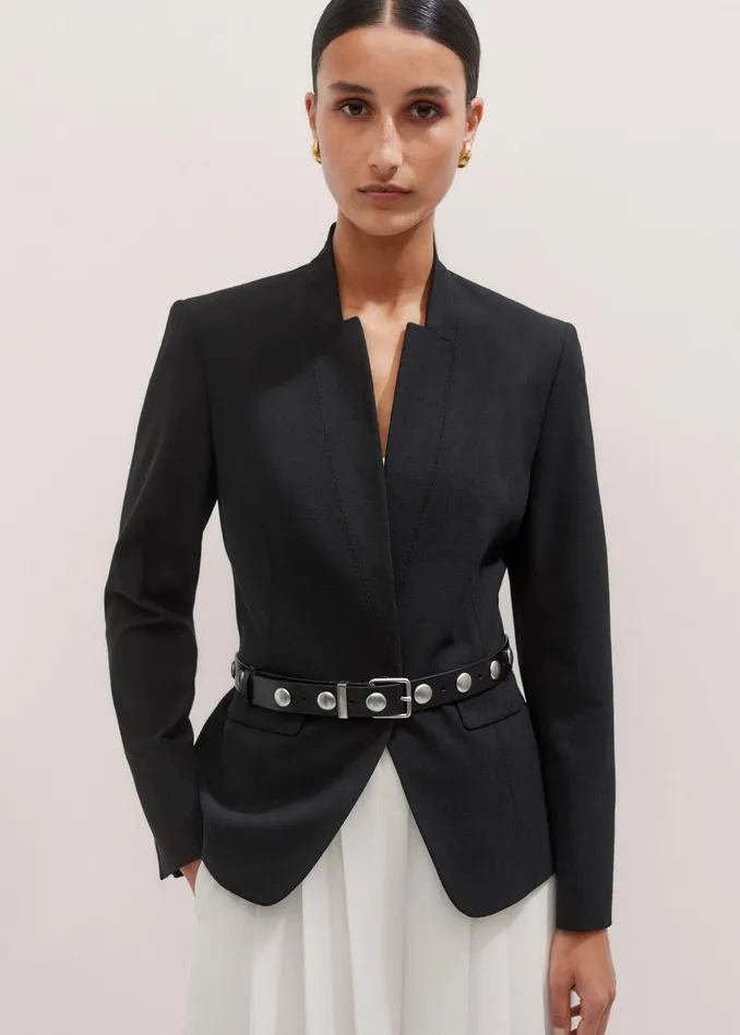 Women Textured Tailoring Collarless Blazer Black MEEM