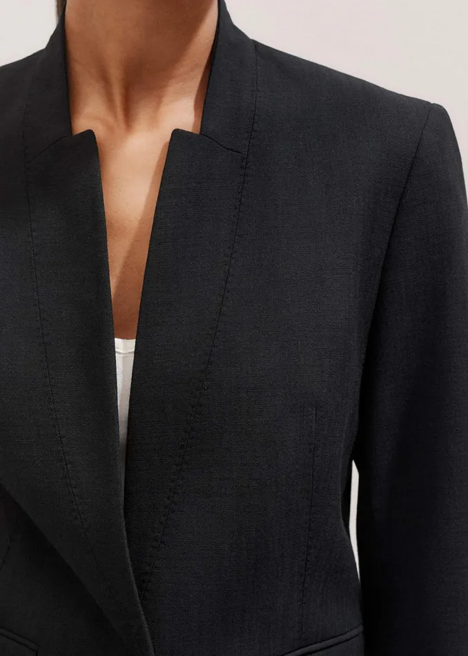 Women Textured Tailoring Collarless Blazer Black MEEM