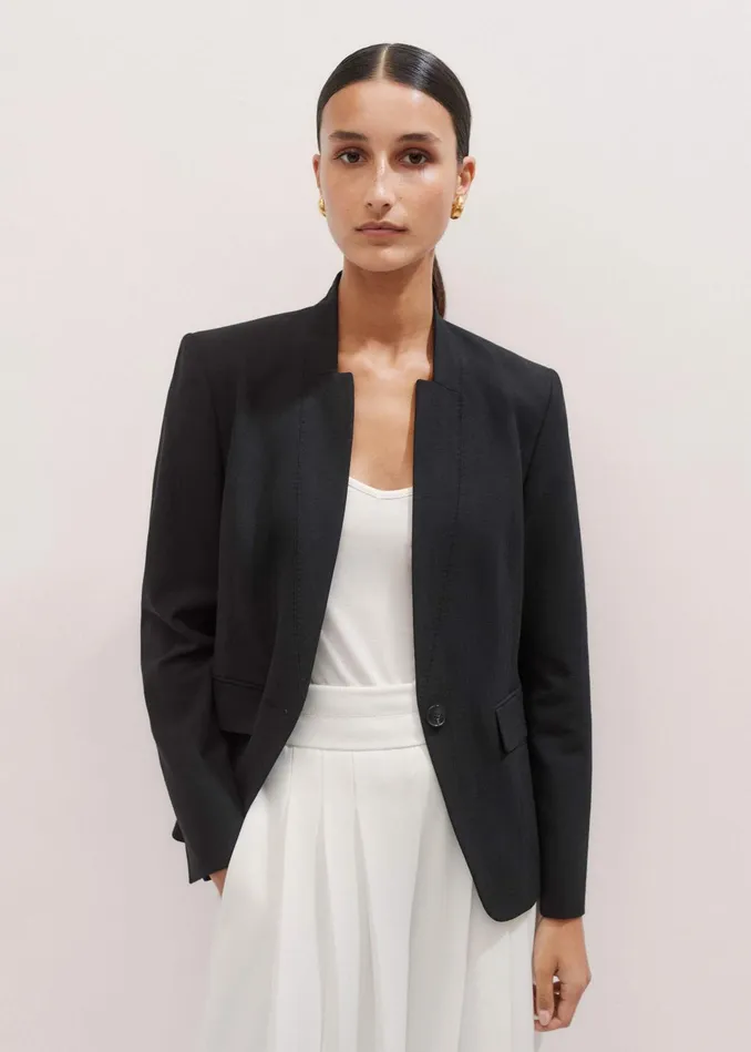 Women Textured Tailoring Collarless Blazer Black MEEM