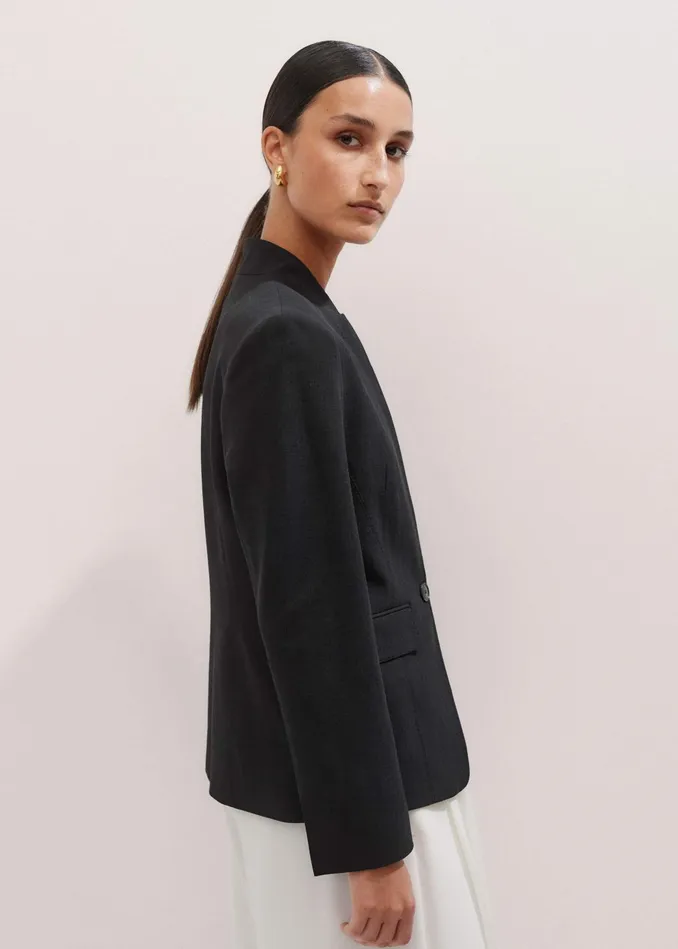 Women Textured Tailoring Collarless Blazer Black MEEM