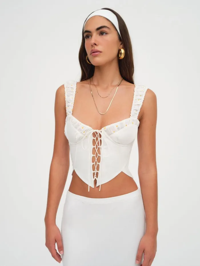 Women Tops For Love and Lemons Tilly Denim Corset Top White