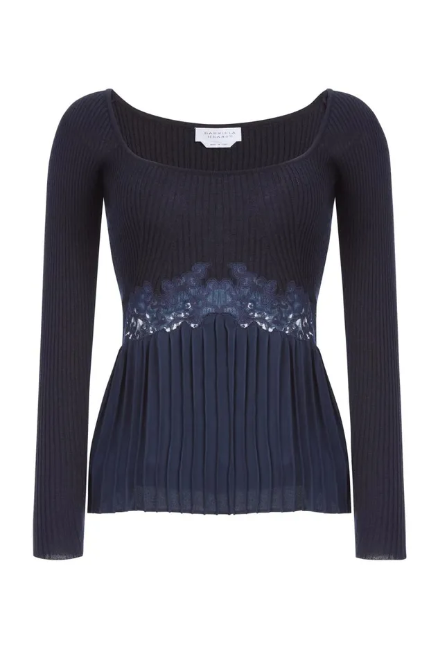 Women Tops Gabriela Hearst Fini Lace Top In Navy Silk Crepe