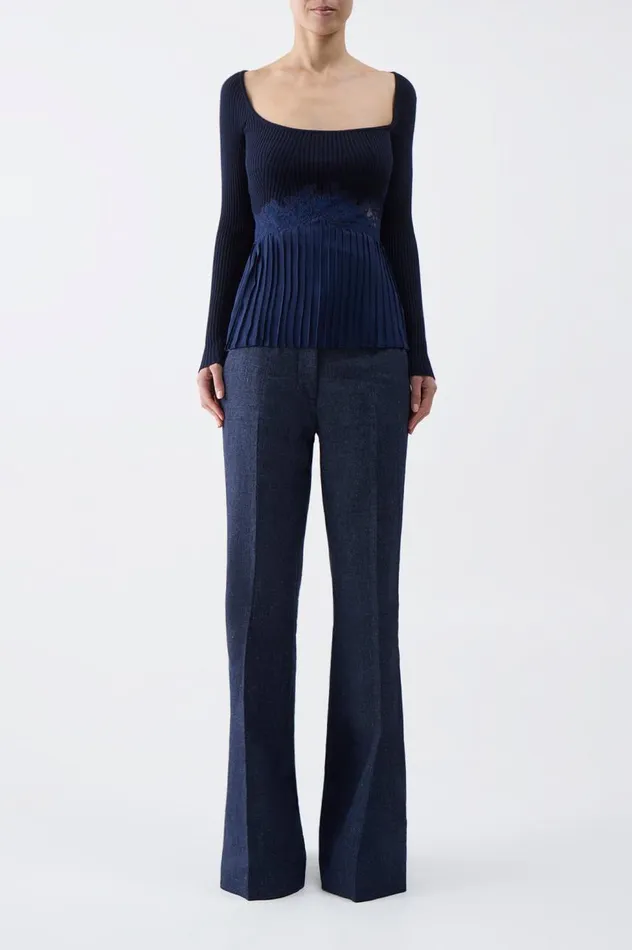 Women Tops Gabriela Hearst Fini Lace Top In Navy Silk Crepe