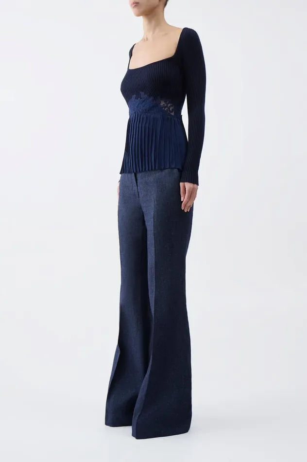 Women Tops Gabriela Hearst Fini Lace Top In Navy Silk Crepe