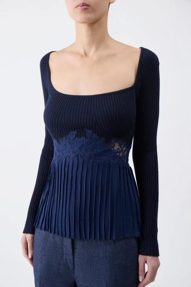 Women Tops Gabriela Hearst Fini Lace Top In Navy Silk Crepe