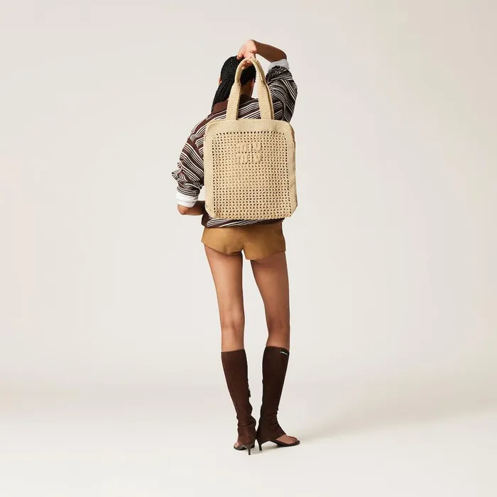 Women Totes Miu Miu Woven Fabric Tote Bag Natural Women Totes Miu Miu Woven Fabric Tote Bag Natural