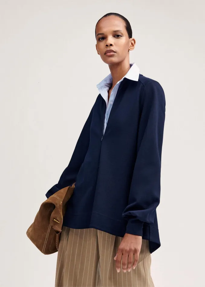 Women Travel Tailoring Balloon Sleeve Swing Top Navy MEEM