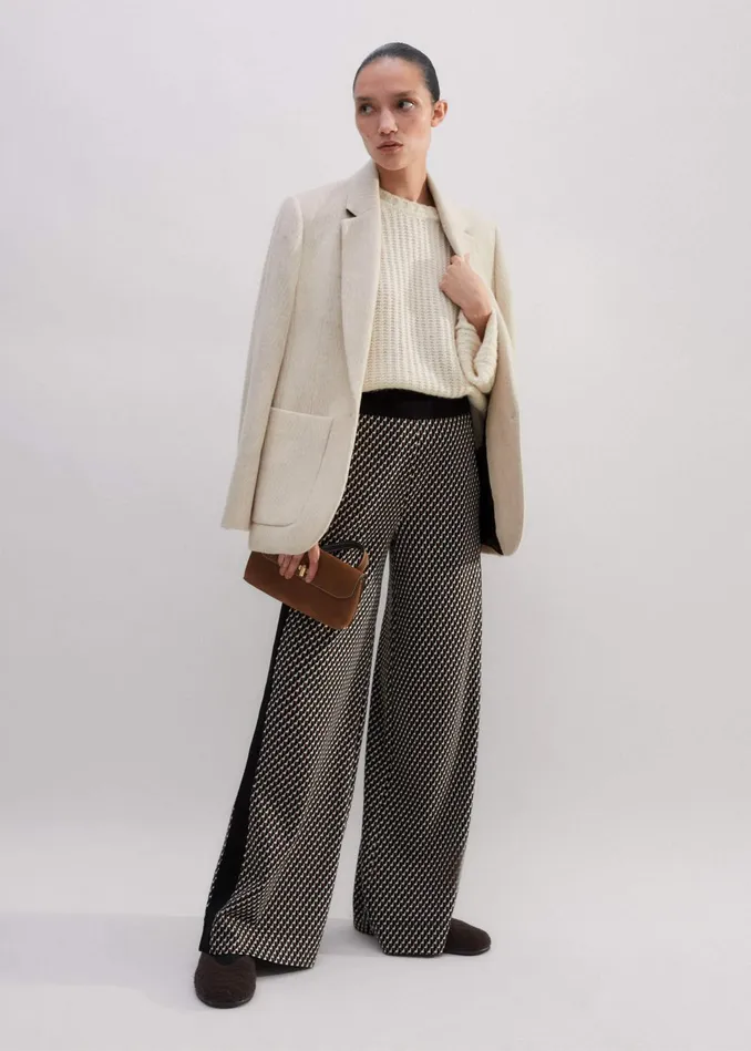 Women Travel Tailoring Geo Jacquard WideLeg Pant Blackbrowncream MEEM