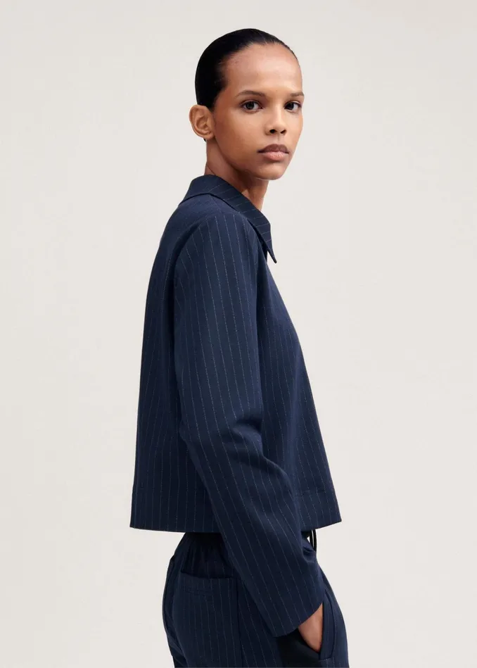 Women Travel Tailoring Pinstripe Box Top Navywhite MEEM