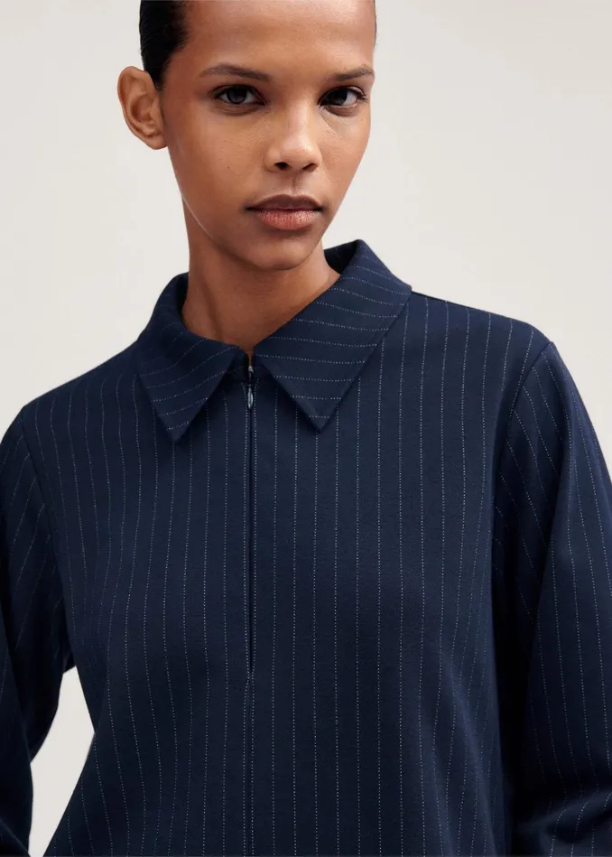 Women Travel Tailoring Pinstripe Box Top Navywhite MEEM