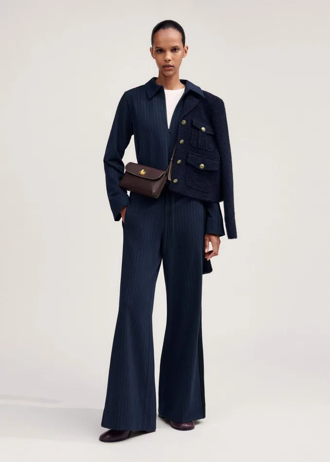 Women Travel Tailoring Pinstripe Box Top Navywhite MEEM
