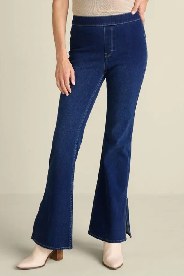 Women Ultimate Denim Slit Hem Flare Jeans Tidal Blue Wash Soft Surroundings Jeans
