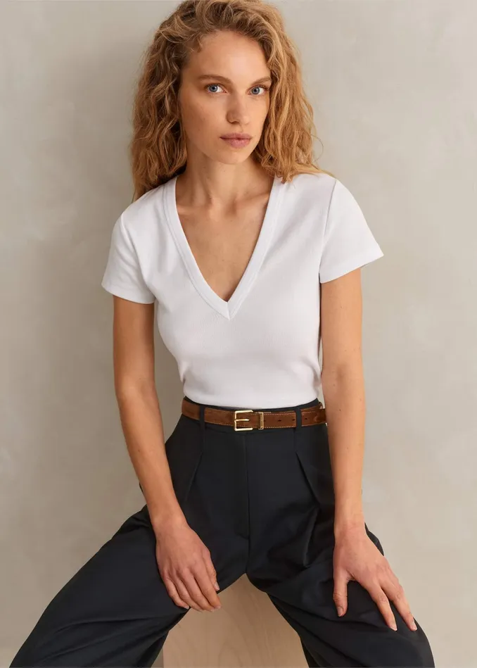 Women Ultimate Fitted Rib VNeck Tee Bright White MEEM