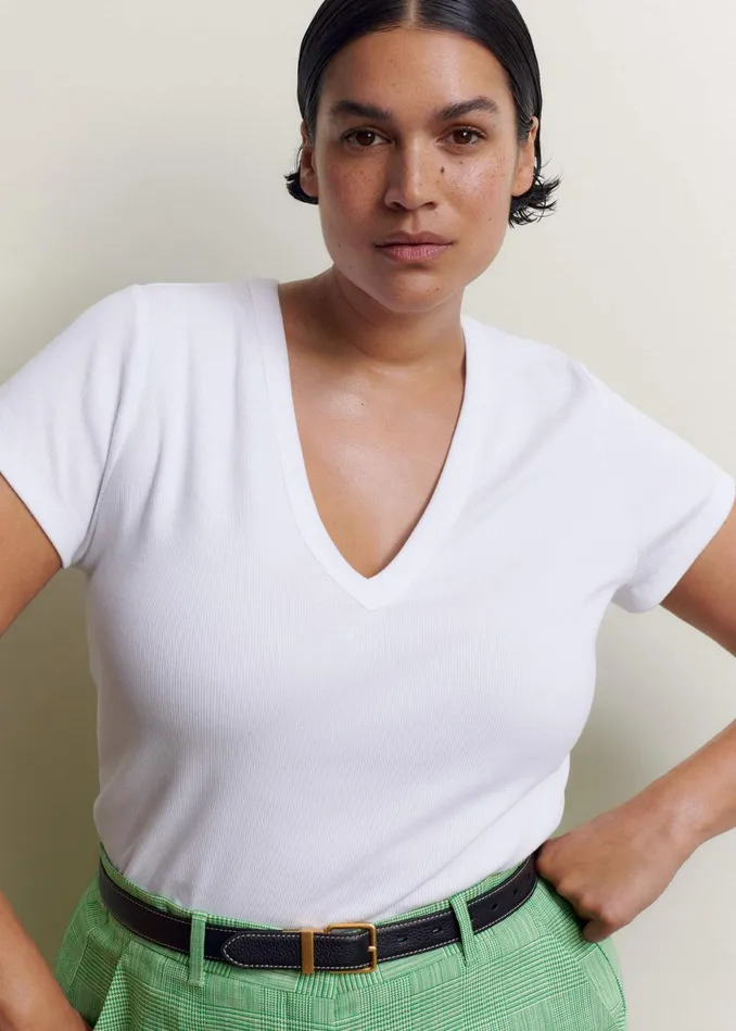 Women Ultimate Fitted Rib VNeck Tee Bright White MEEM