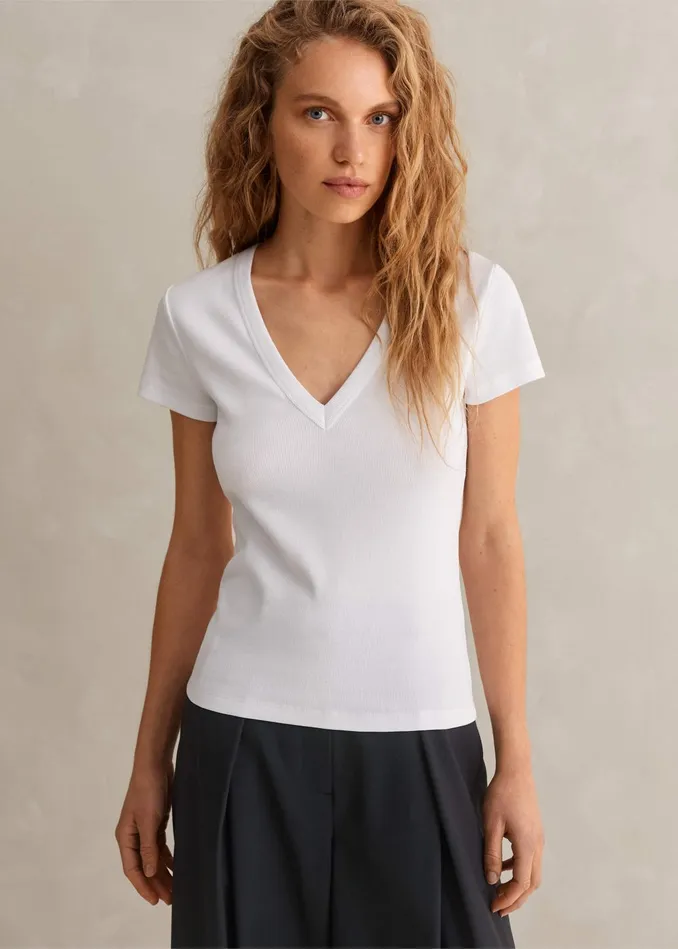 Women Ultimate Fitted Rib VNeck Tee Bright White MEEM