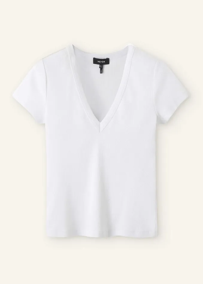 Women Ultimate Fitted Rib VNeck Tee Bright White MEEM